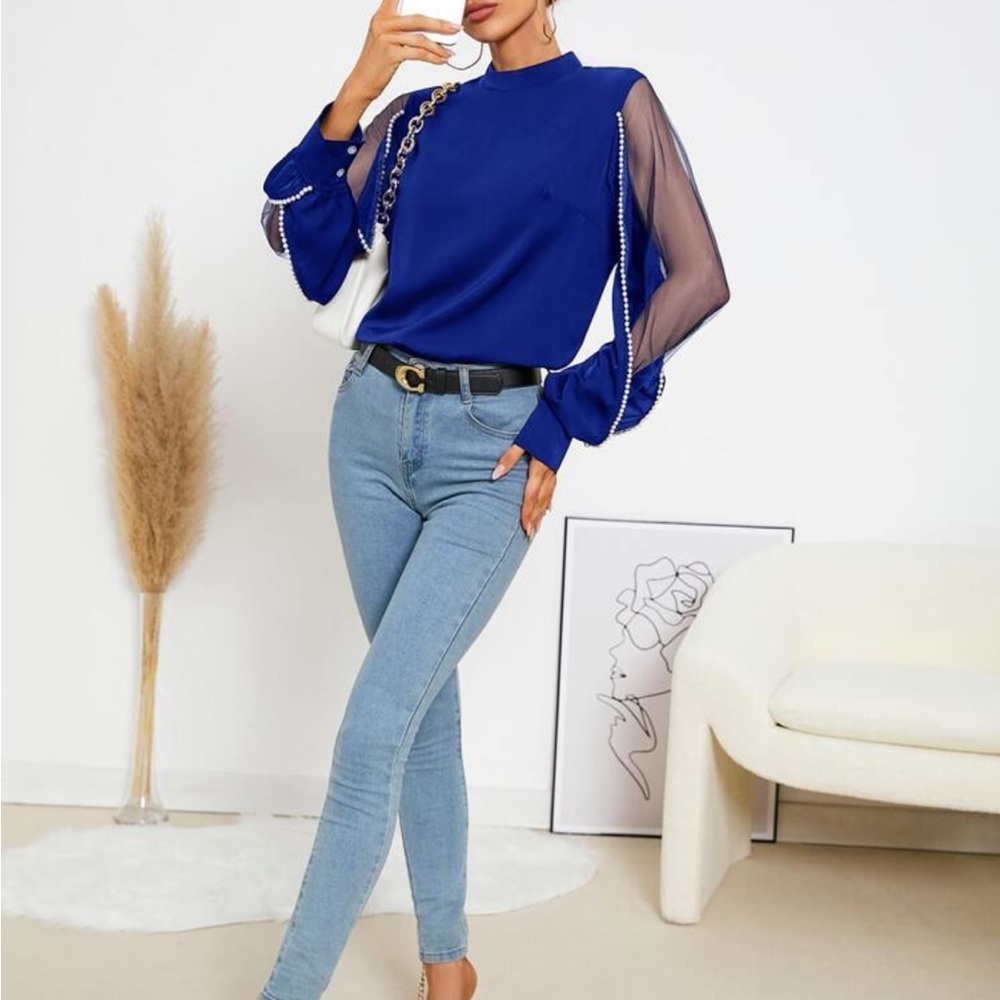 Elegant Sheer Mesh Long Sleeve Pearls Beaded Mock Neck Blouse Blue - Picture 3 of 14